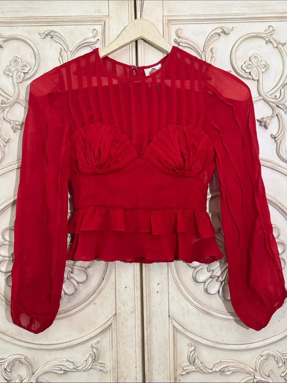FARM Rio Red Ruffled Sheer Long-Sleeve Peplum Blouse Size Small